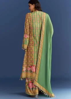 Light Aqua Green Cotton Muslin Kurta Dupatta With Printed Palazzo