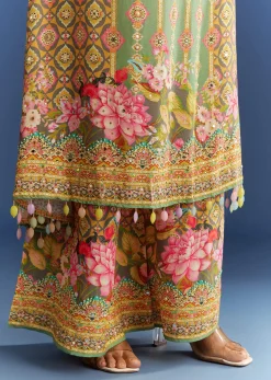 Light Aqua Green Cotton Muslin Kurta Dupatta With Printed Palazzo