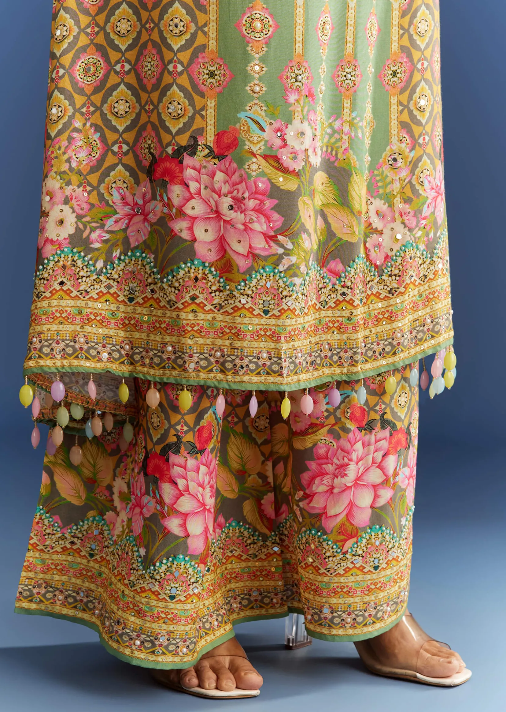 Light Aqua Green Cotton Muslin Kurta Dupatta With Printed Palazzo