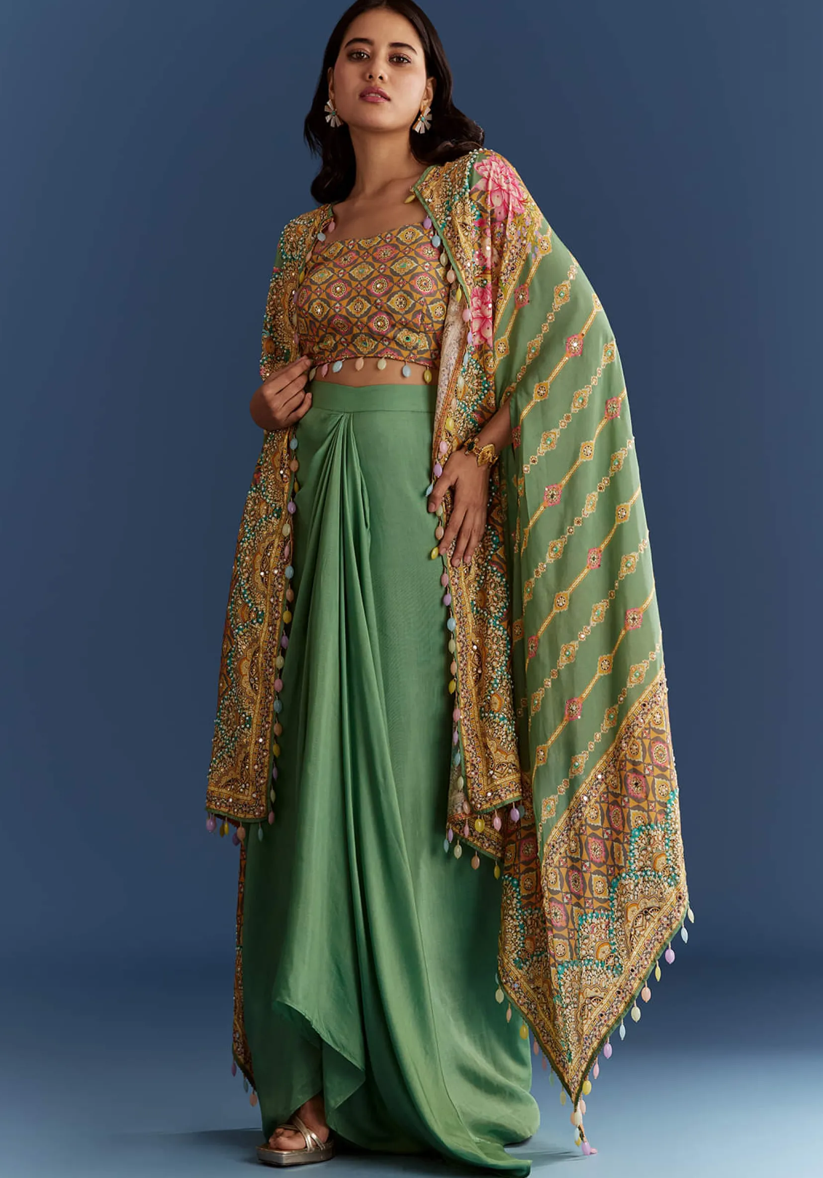 Light Aqua Green Cotton Muslin Printed Croptop Cape Suit