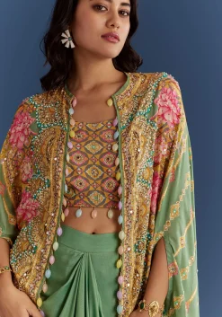 Light Aqua Green Cotton Muslin Printed Croptop Cape Suit
