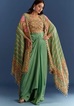 Light Aqua Green Cotton Muslin Printed Croptop Cape Suit