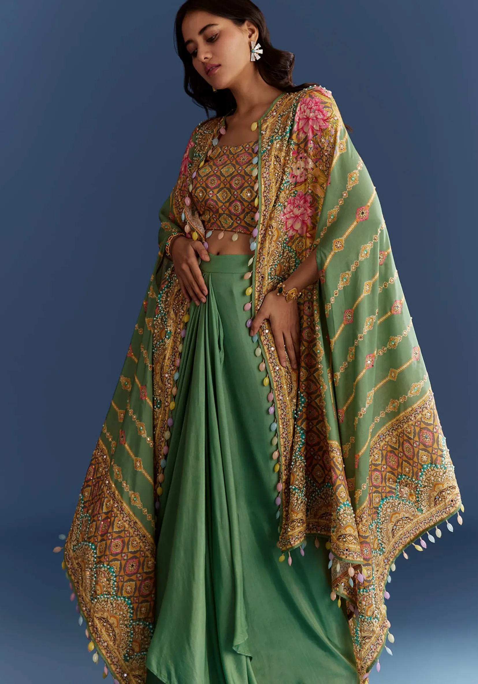 Light Aqua Green Cotton Muslin Printed Croptop Cape Suit