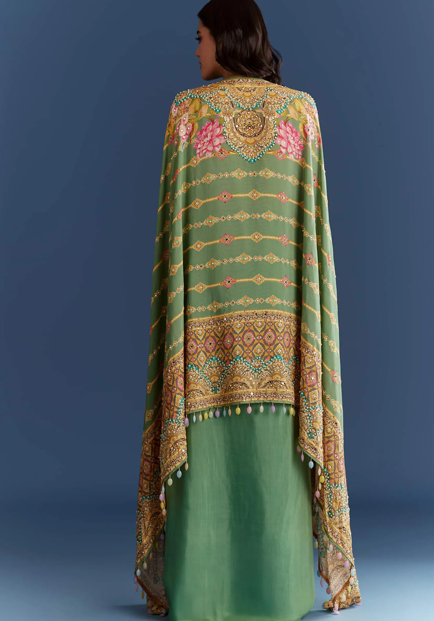 Light Aqua Green Cotton Muslin Printed Croptop Cape Suit