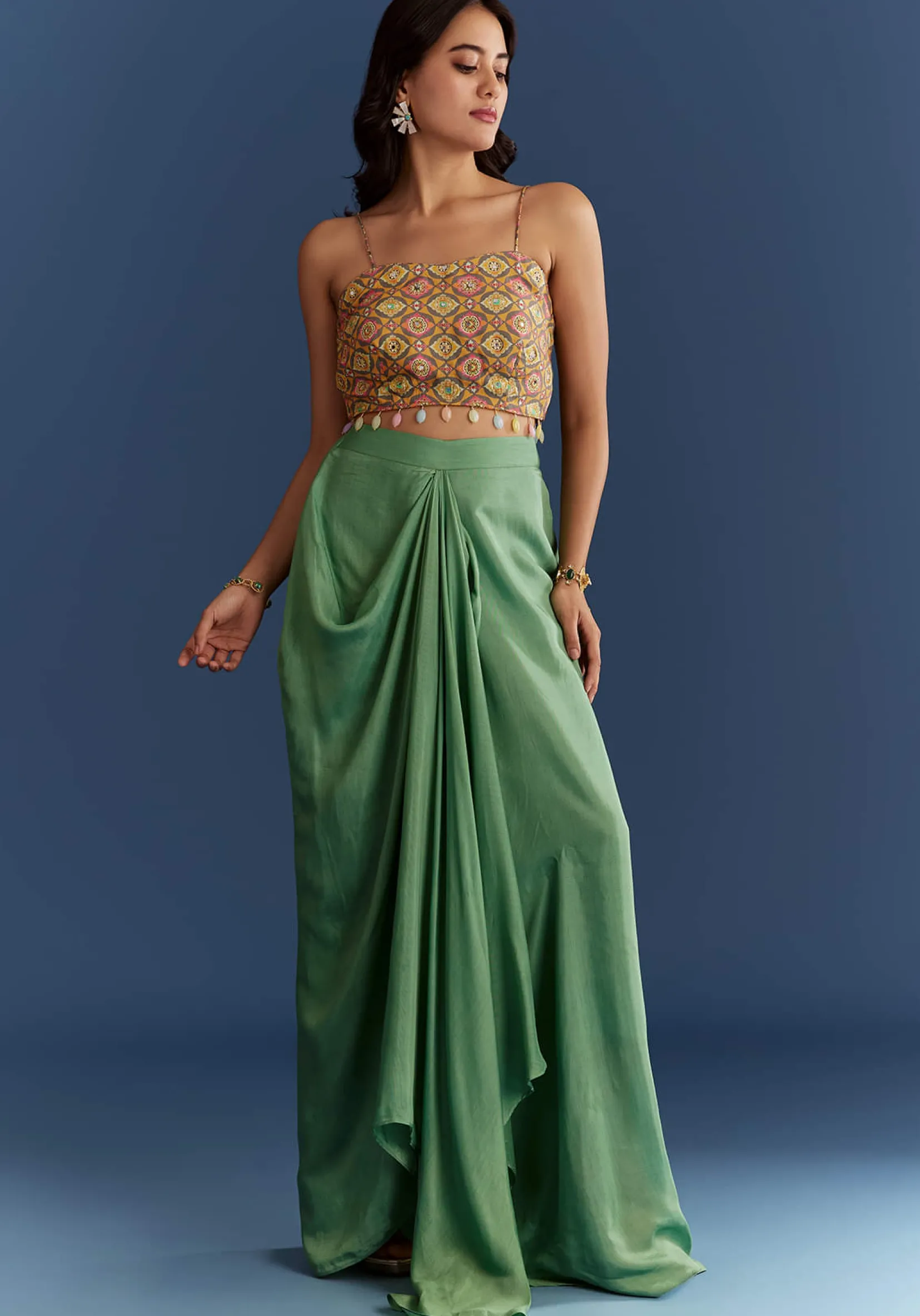 Light Aqua Green Cotton Muslin Printed Croptop Cape Suit