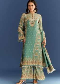 Light Aqua Green Crepe Printed Kurta Palazzo With Dupatta