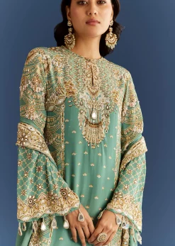 Light Aqua Green Crepe Printed Kurta Palazzo With Dupatta