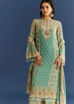Light Aqua Green Crepe Printed Kurta Palazzo With Dupatta