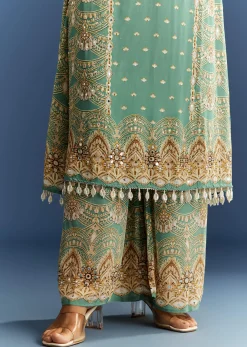 Light Aqua Green Crepe Printed Kurta Palazzo With Dupatta