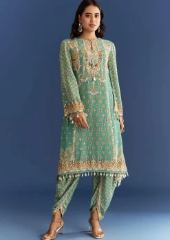 Light Aqua Green Crepe Printed Kurta Dhoti With Embroidery