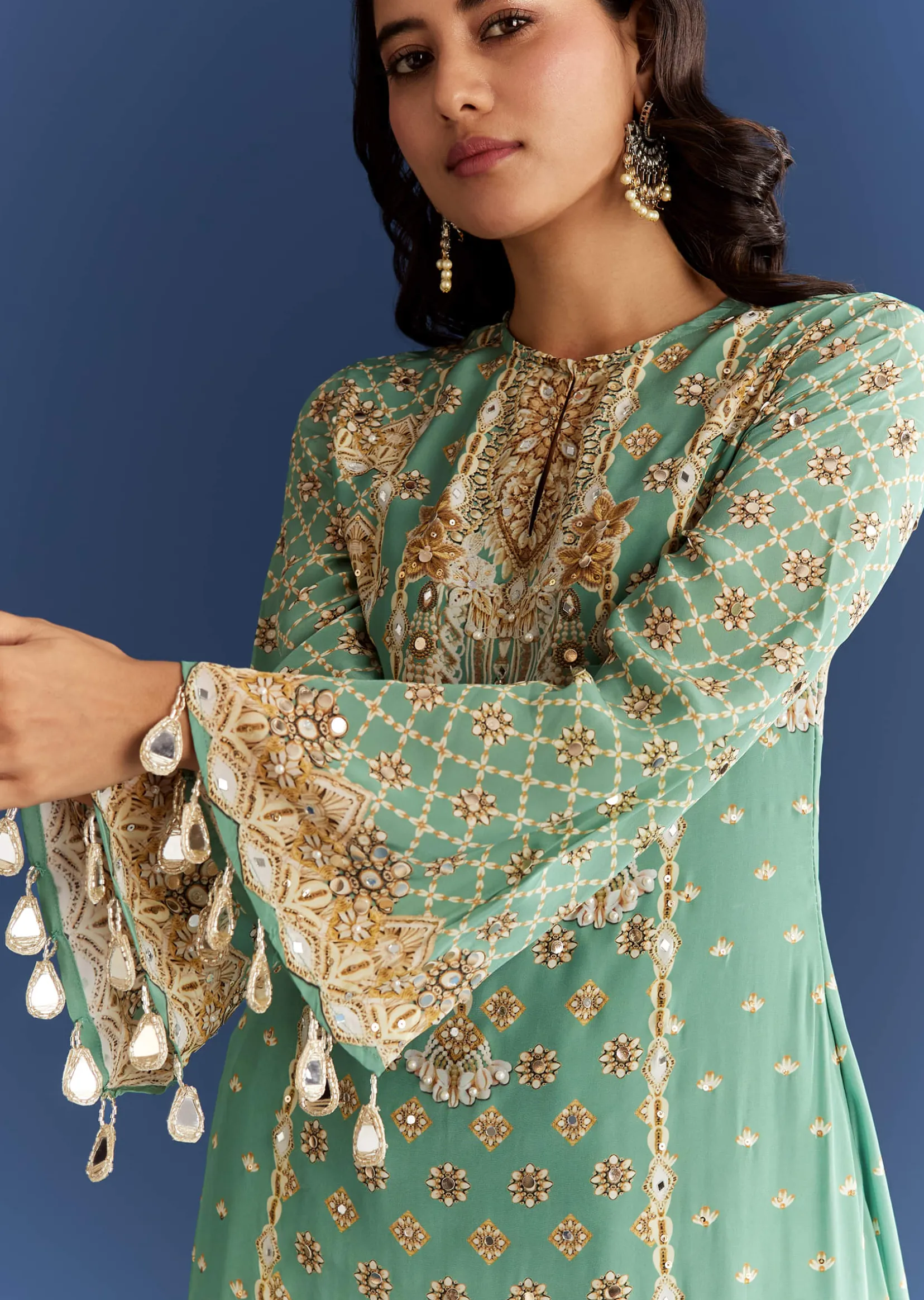 Light Aqua Green Crepe Printed Kurta Dhoti With Embroidery