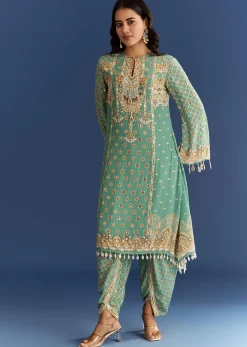 Light Aqua Green Crepe Printed Kurta Dhoti With Embroidery