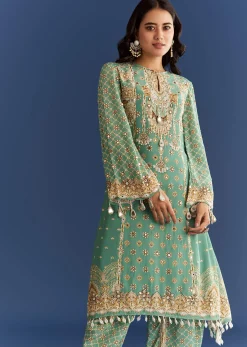 Light Aqua Green Crepe Printed Kurta Dhoti With Embroidery