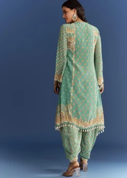 Light Aqua Green Crepe Printed Kurta Dhoti With Embroidery