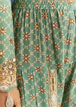 Light Aqua Green Crepe Printed Kurta Dhoti With Embroidery