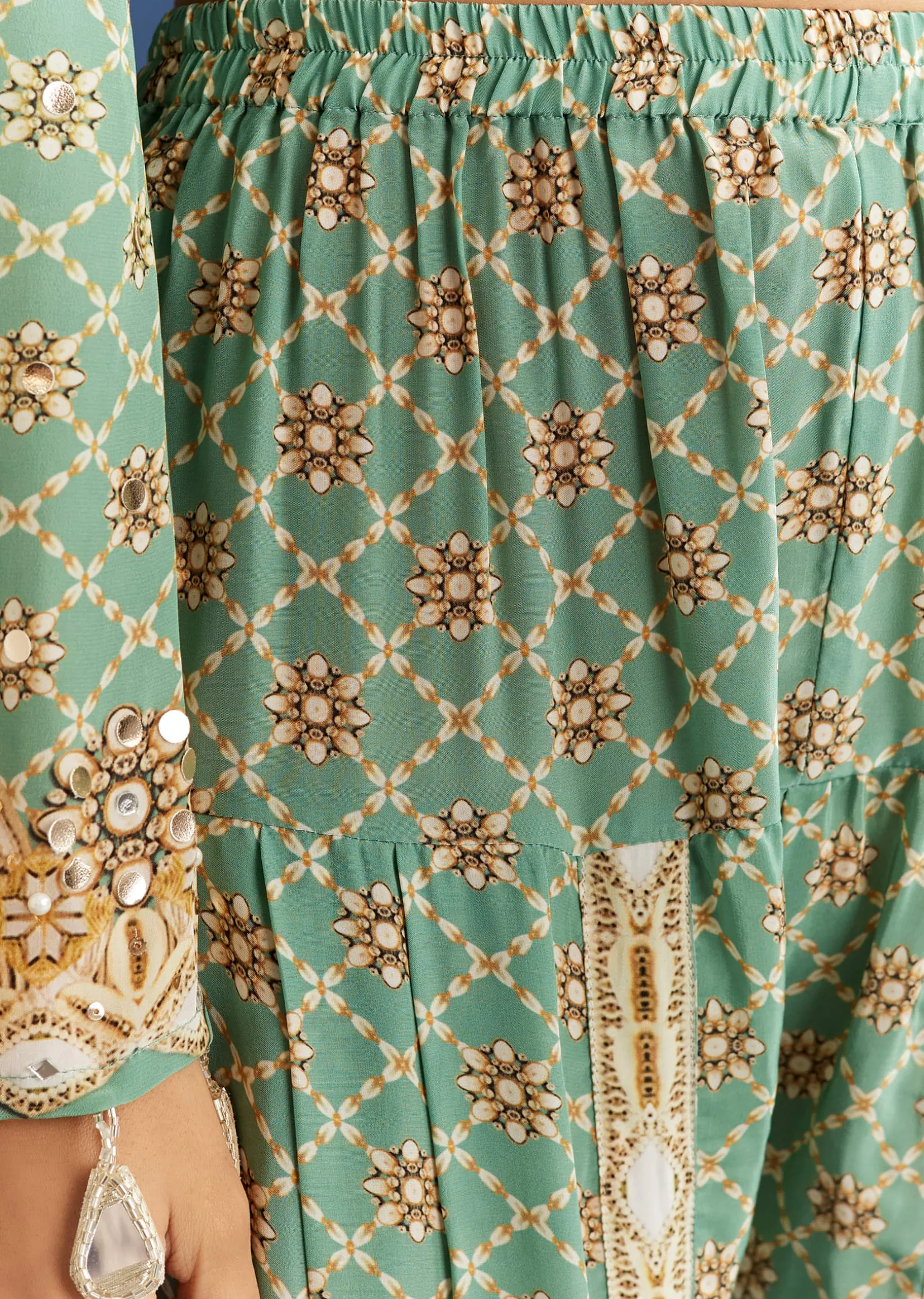 Light Aqua Green Crepe Printed Kurta Dhoti With Embroidery