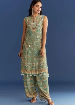 Light Aqua Green Crepe Printed Kurta Pant With Shell Tassels