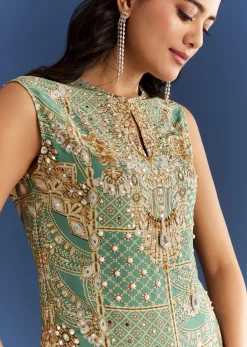 Light Aqua Green Crepe Printed Kurta Pant With Shell Tassels