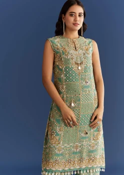 Light Aqua Green Crepe Printed Kurta Pant With Shell Tassels