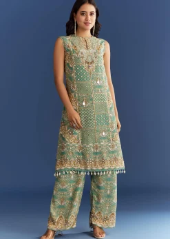 Light Aqua Green Crepe Printed Kurta Pant With Shell Tassels