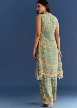 Light Aqua Green Crepe Printed Kurta Pant With Shell Tassels