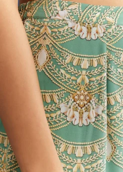 Light Aqua Green Crepe Printed Kurta Pant With Shell Tassels