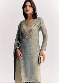 Light Aqua Green Tissue Kurta Sharara Suit With Cutdana And Moti Embroidery