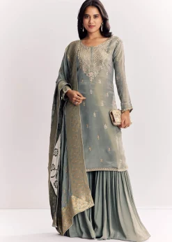 Light Aqua Green Tissue Kurta Sharara Suit With Cutdana And Moti Embroidery