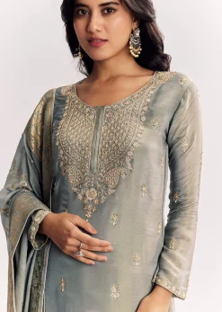Light Aqua Green Tissue Kurta Sharara Suit With Cutdana And Moti Embroidery