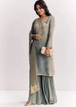 Light Aqua Green Tissue Kurta Sharara Suit With Cutdana And Moti Embroidery