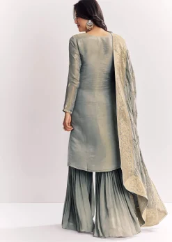 Light Aqua Green Tissue Kurta Sharara Suit With Cutdana And Moti Embroidery
