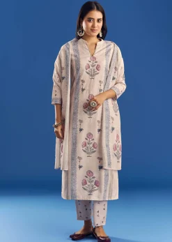 Light Beige Block Print Cotton Kurta Set With Mirror Work