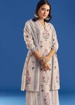 Light Beige Block Print Cotton Kurta Set With Mirror Work