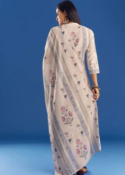 Light Beige Block Print Cotton Kurta Set With Mirror Work