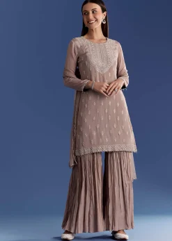 Light Beige Chinon Kurta Set With Cutdana And Sequins Dupatta