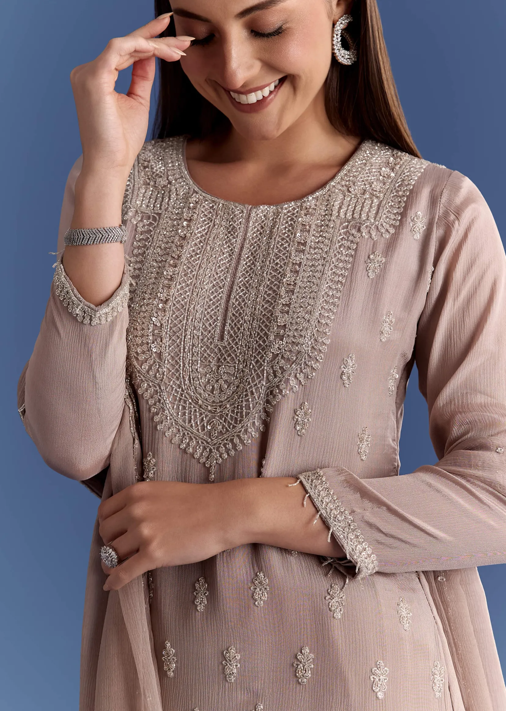 Light Beige Chinon Kurta Set With Cutdana And Sequins Dupatta