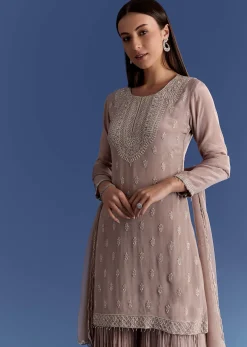 Light Beige Chinon Kurta Set With Cutdana And Sequins Dupatta