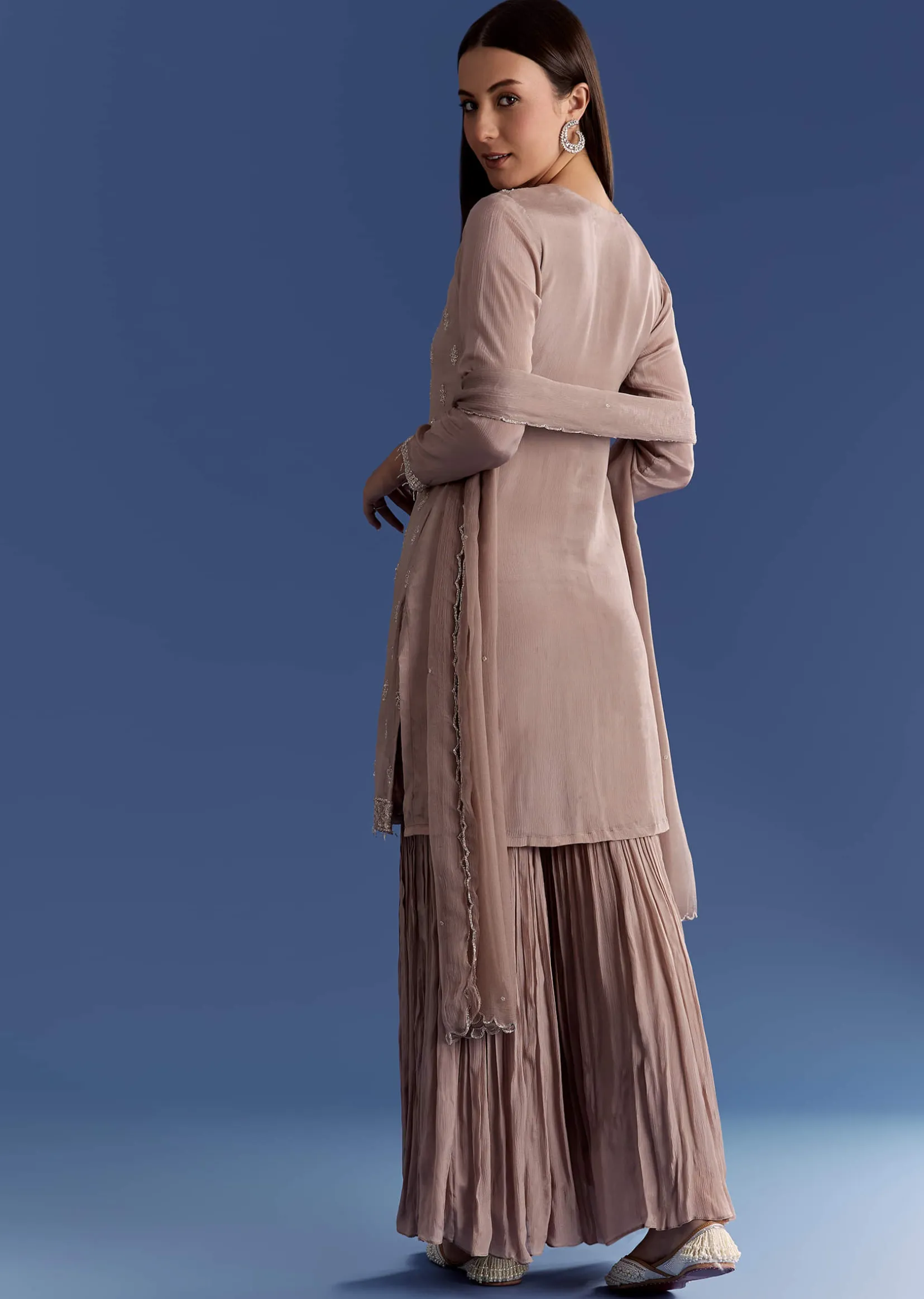 Light Beige Chinon Kurta Set With Cutdana And Sequins Dupatta