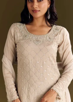 Light Beige Chinon Kurta Palazzo With Scallop Cutdana Dupatta
