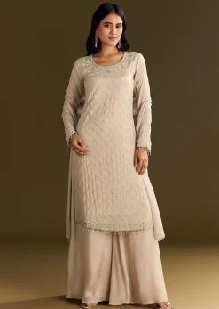 Light Beige Chinon Kurta Palazzo With Scallop Cutdana Dupatta