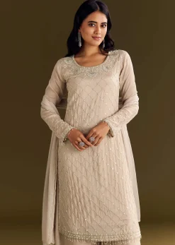 Light Beige Chinon Kurta Palazzo With Scallop Cutdana Dupatta