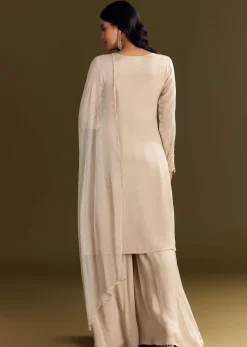 Light Beige Chinon Kurta Palazzo With Scallop Cutdana Dupatta