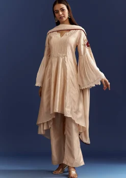 Light Beige High Low Kurta With Cut Dana Beads And Applique Work In Fuji Silk