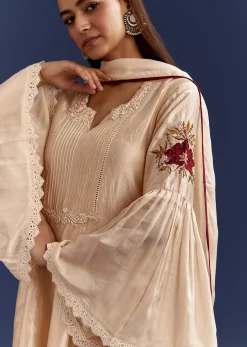 Light Beige High Low Kurta With Cut Dana Beads And Applique Work In Fuji Silk