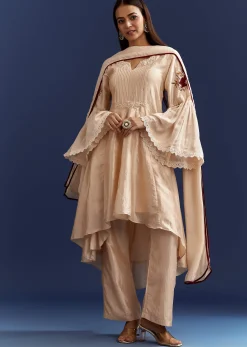 Light Beige High Low Kurta With Cut Dana Beads And Applique Work In Fuji Silk