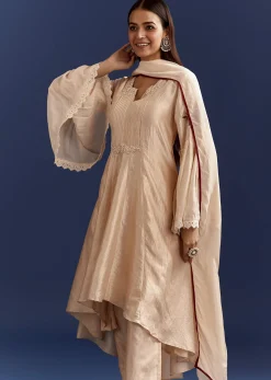 Light Beige High Low Kurta With Cut Dana Beads And Applique Work In Fuji Silk