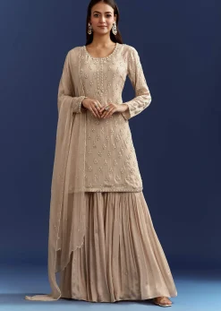 Light Beige Moti And Cutdana Kurta Dupatta With Moti Butti Sharara