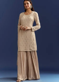 Light Beige Moti And Cutdana Kurta Dupatta With Moti Butti Sharara