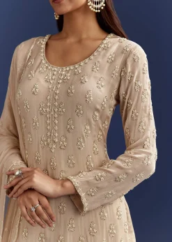 Light Beige Moti And Cutdana Kurta Dupatta With Moti Butti Sharara