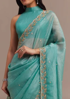 Light Blue Crushed Tissue Saree Embroidered With Cutdana And Sequins